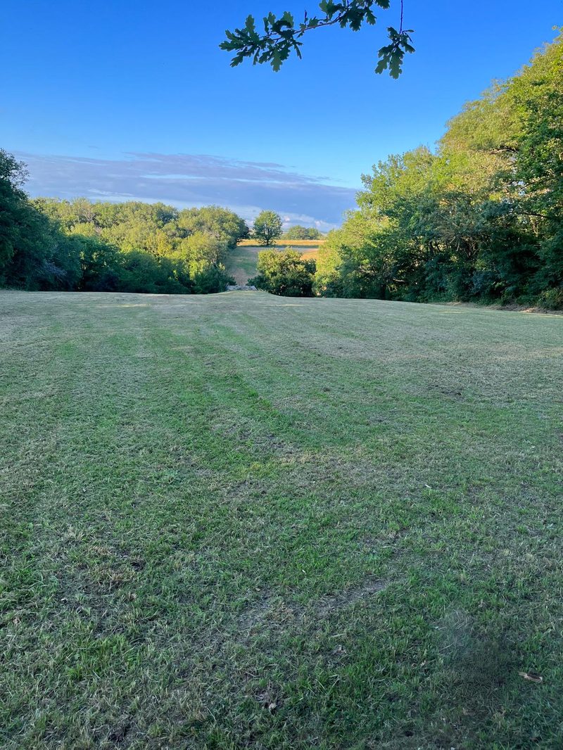 Pelouse tondue avec vue sur le Lauragais — entretien D.M.S