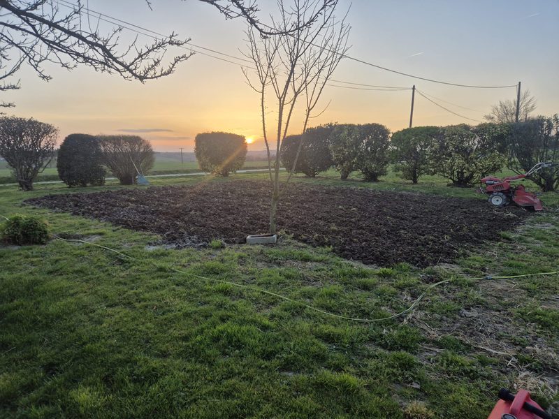 Terrain préparé au coucher de soleil dans le Lauragais — D.M.S